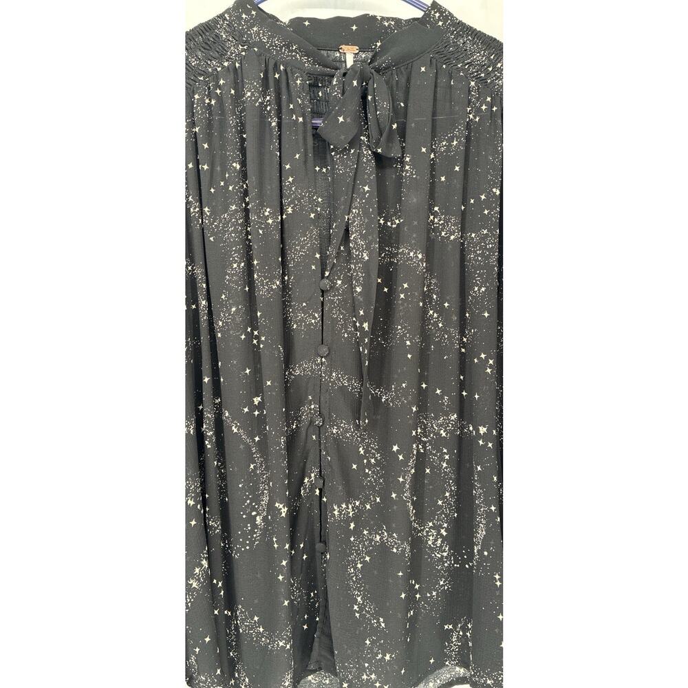 Free People Celestial Stars Align Printed Top Sheer Tie Neck Smocked Boho M - Picture 4 of 11